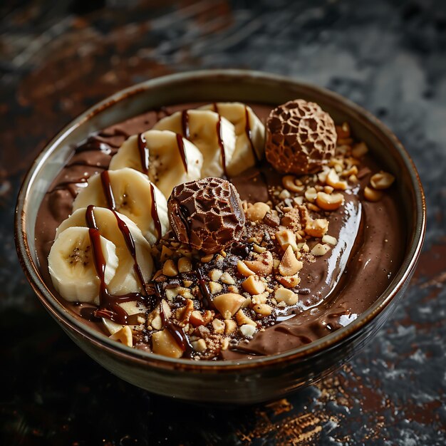 Deliciosa sobremesa de chocolate com nozes de banana e bolas de chocolate