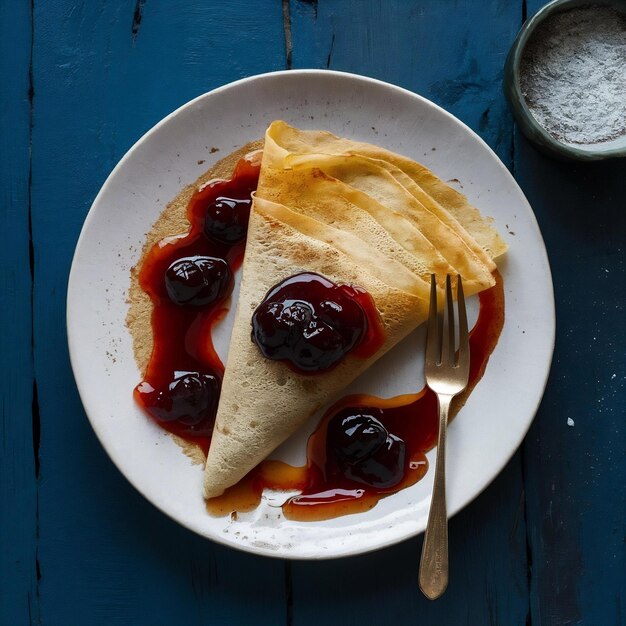 Foto deliciosa sobremesa de crepe de inverno embrulhada com geleia