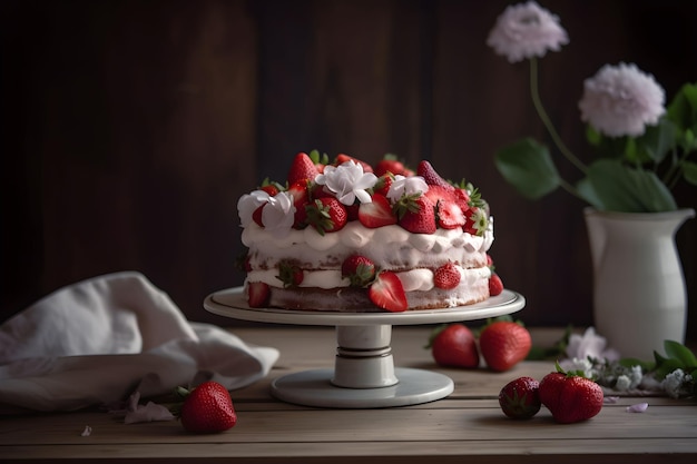 Deliciosa sobremesa de torta de bolo de biscoito de morango com frutas frescas e creme de manteiga em fundo de madeira escura Ai gerado