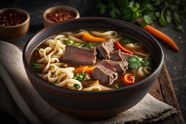 Deliciosa sopa asiática com carne e macarrão closeup