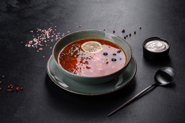 Deliciosa sopa caliente fresca con tomate y carne en un plato de cerámica. Sopa de mezcolanza