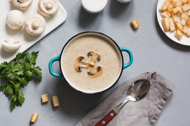 Deliciosa sopa de champiñones y champiñones con tostadas en gris Vista desde arriba