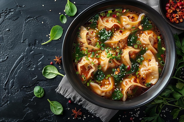 Foto deliciosa sopa china de wonton en un elegante cuenco negro