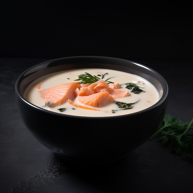 Deliciosa sopa de crema fresca y apetitosa con plato de manjar de salmón en el menú del almuerzo aislado en negro