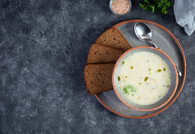 Deliciosa sopa cremosa de carne. Sopa cremosa de vegetais com carne, ervas e pão. Vista do topo