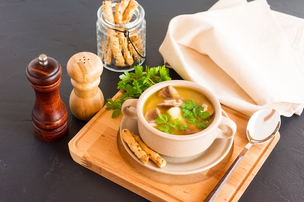 Deliciosa sopa de cogumelos brancos em um prato de sopa com salsa e palitos de pão. comida saudável.