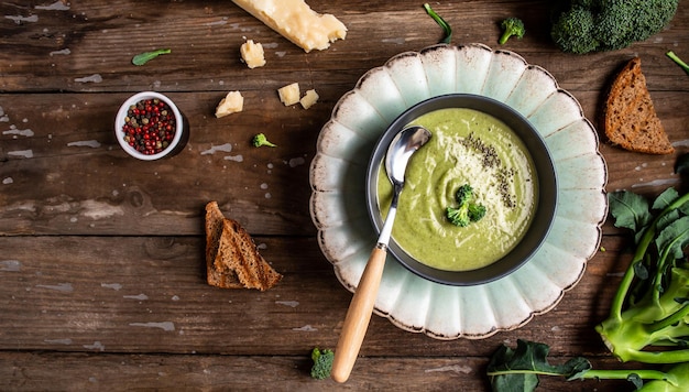 Deliciosa sopa de creme de brócolis servida com sementes de abóbora microgreen em uma mesa rústica Banner de prato vegetariano lugar de receita de menu de catering para vista superior de texto