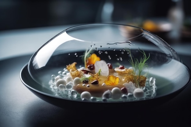 Deliciosa sopa de peixe em uma tigela de vidro em um prato de comida de qualidade estrela Michelin de fundo preto vista de perto AI Generated