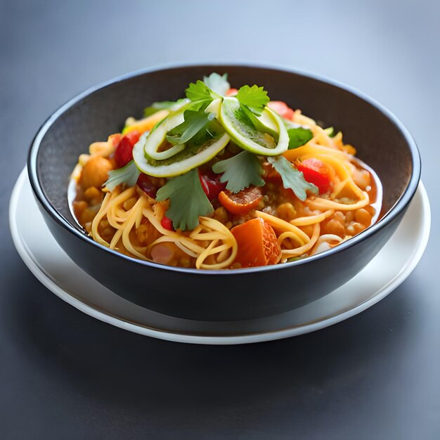 Foto deliciosa sopa de tomate com macarrão.