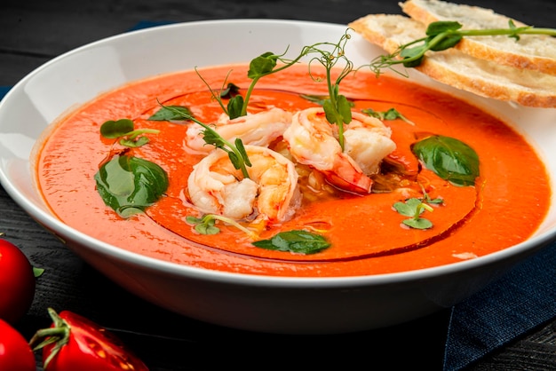 Deliciosa sopa fría de tomate o gazpacho con gambas