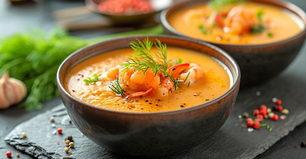 Deliciosa sopa de langosta con eneldo y zanahorias Dos cuencos