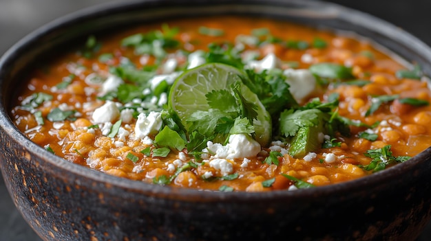 Deliciosa sopa de lentejas casera adornada con hierbas frescas y lima