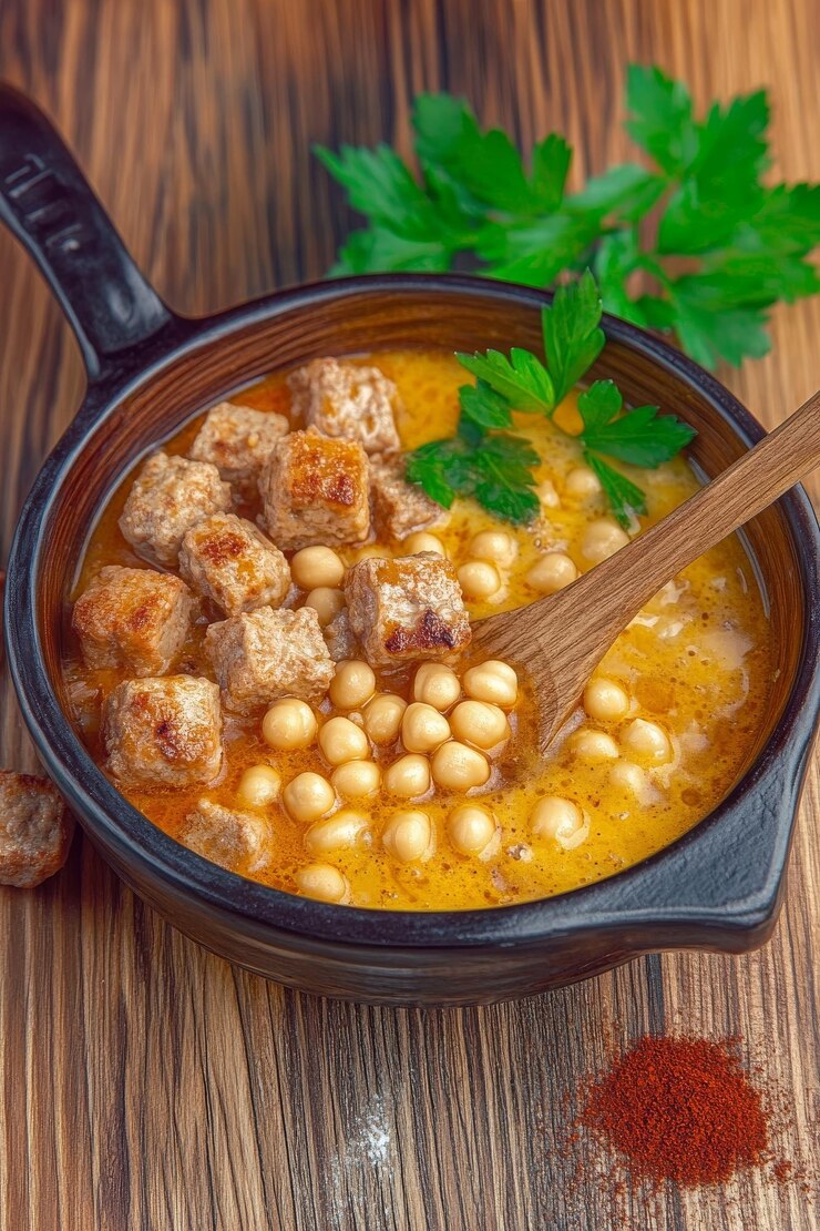 Foto deliciosa sopa de lentejas servida en un cuenco de cerámica con trozos de pan crujiente