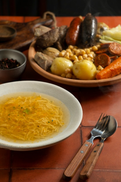 Deliciosa sopa en la mesa bodegón