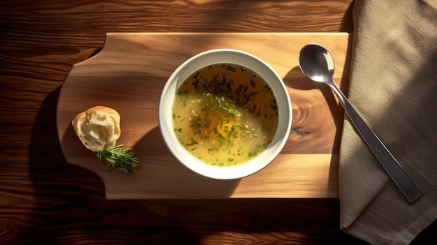 Deliciosa sopa en la mesa de madera