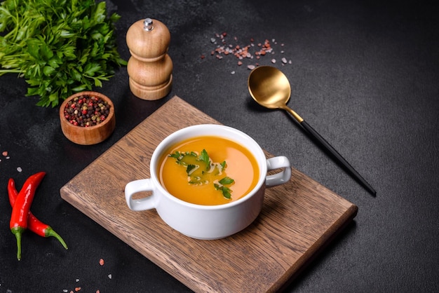 Deliciosa sopa de puré de calabaza fresca decorada con perejil en un plato blanco