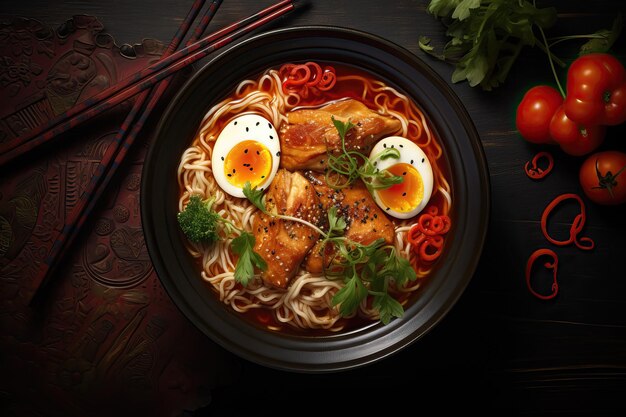 Una deliciosa sopa de ramen recién cocinada en un hermoso plato sobre un fondo de especias vista superior