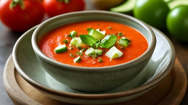 Deliciosa sopa roja con guarniciones frescas