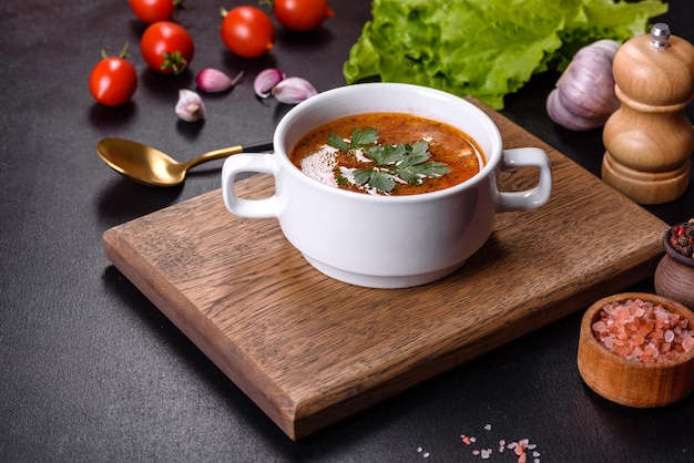 Deliciosa sopa de tomate fresca con especias y perejil en un tazón blanco sobre una tabla de madera