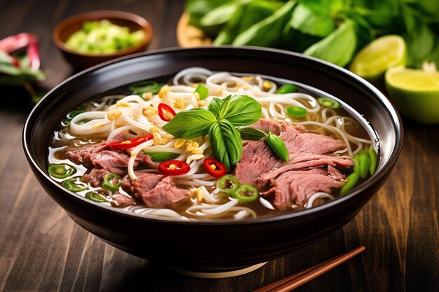 Foto una deliciosa sopa vietnamita pho bo con carne de res y lima comida asiática cocina nacional