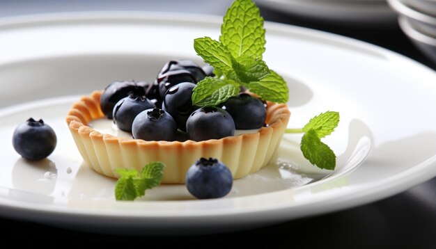 Deliciosa tarta con arándanos frescos y gordos elegantemente colocados en un plato blanco prístino