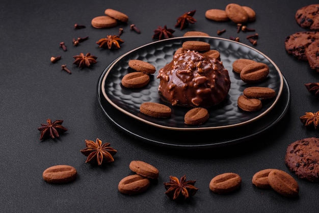 Deliciosa tarta de chocolate con nueces en un plato de cerámica negra sobre un fondo de hormigón oscuro