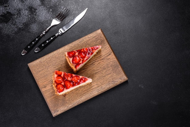 Deliciosa tarta de fresa en el espacio de copia de la vista superior de fondo de hormigón