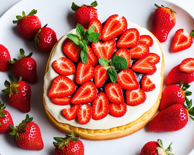 deliciosa tarta de fresa con fresas y menta sobre fondo gris