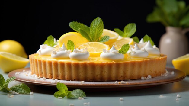 Una deliciosa tarta de limón adornada con delgadas rebanadas de cítricos y hojas de menta.