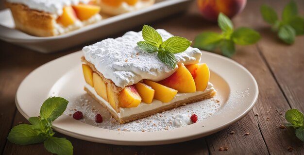 Deliciosa tarta de melocotón con crema batida en primer plano de mesa de madera