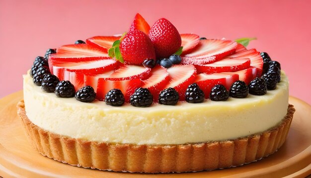 Foto deliciosa tarta de pastel con fresas y frambuesas como topping de fruta