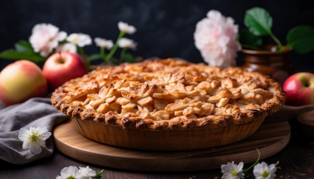 Deliciosa tarte de maçã caseira em fundo de madeira rústica perfeita para assados e reuniões de outono