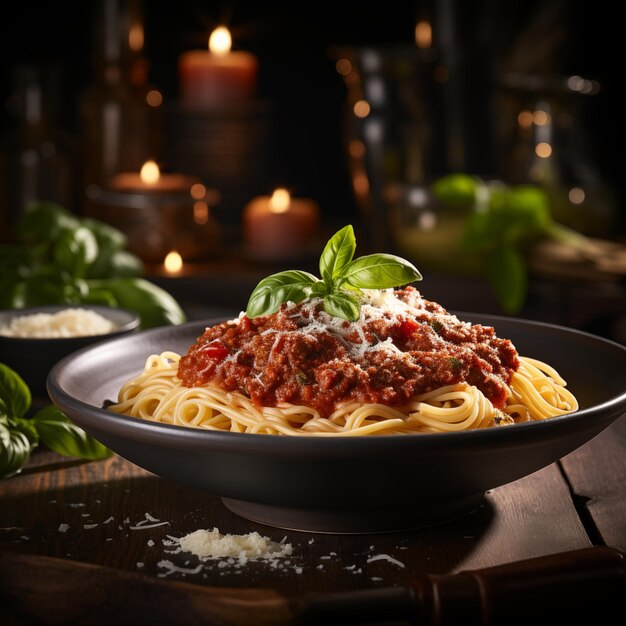 Una deliciosa taza de bolognese al vapor con albahaca fresca y parmesán