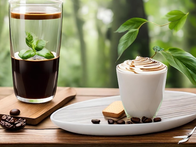 Deliciosa taza de café con postre de chocolate y refresco dulce