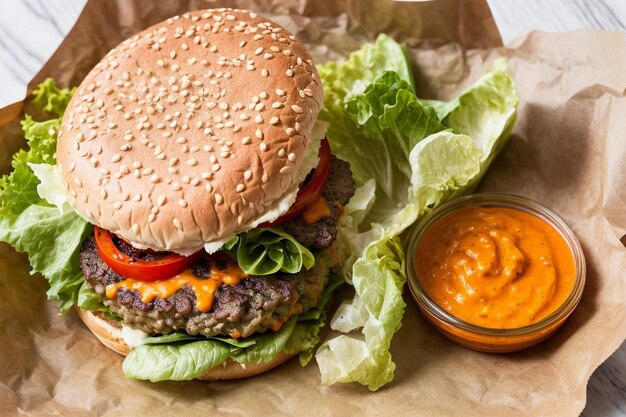 Deliciosa y tentadora hamburguesa tradicional con queso y lechuga