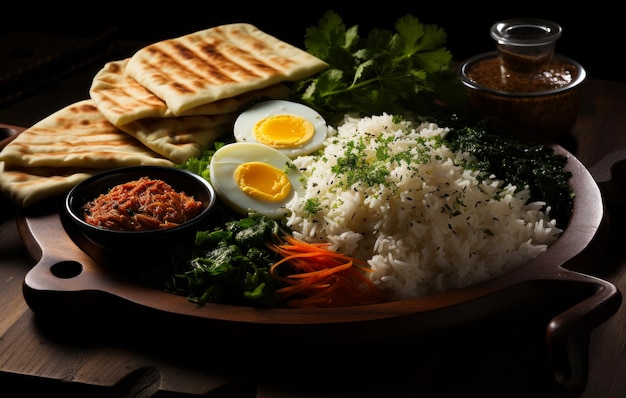 Deliciosa tigela de arroz com vegetais, ovo, pão naan e molho.