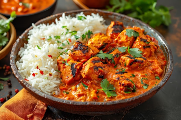 Deliciosa Tikka Masala de pollo con arroz Basmati adornado con cilantro fresco en un cuenco tradicional