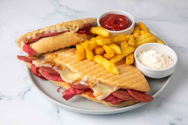 Deliciosa torrada de sanduíche quente Sanduíche com torrada mista queijo cheddar e salame