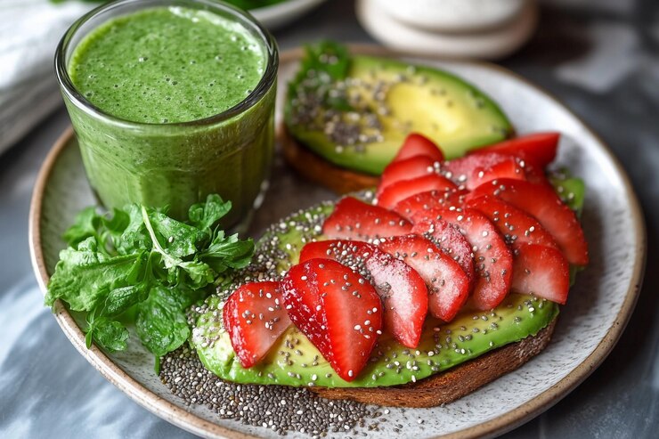 Deliciosa tostada de aguacate con fresas y semillas de chía servida con un batido verde