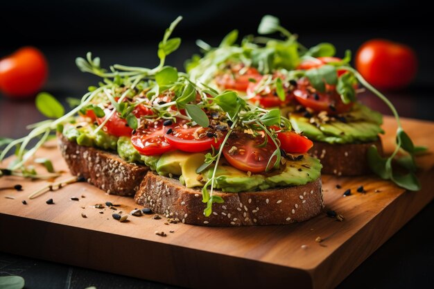 Deliciosa tostada de aguacate con semillas de tomate en una elegante tabla de cortar