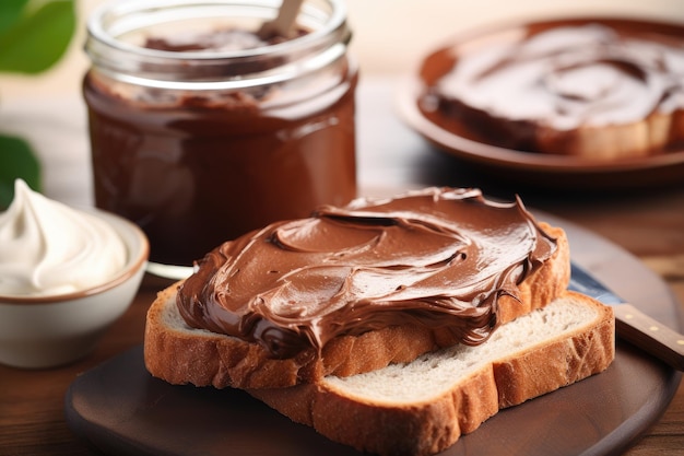 Deliciosa tostada de chocolate con crema en la mesa