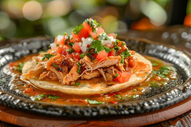 Foto deliciosa tostada tradicional mexicana con pollo triturado, salsa de tomate fresco y queso desmenuzado.