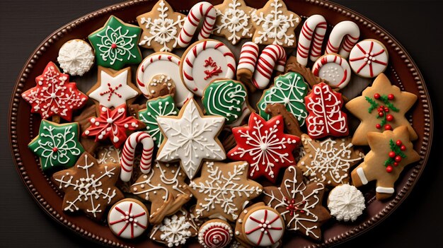 Foto una deliciosa variedad de deliciosas galletas de jengibre de navidad con decoración de colores diferentes xmas presenta publicidad