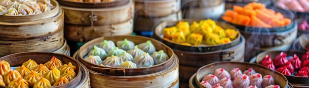 Una deliciosa variedad de dim sum tradicional en vaporizadores de bambú