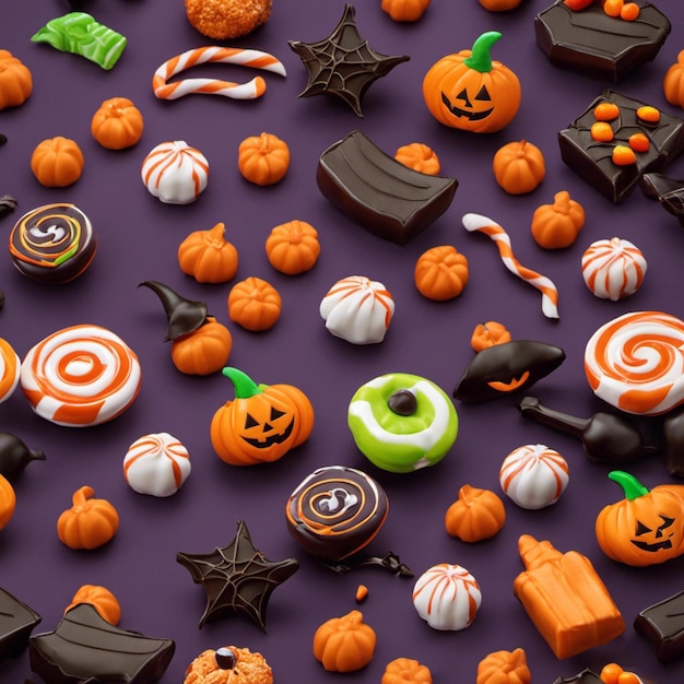 Una deliciosa variedad de dulces y golosinas con temática de Halloween, incluidos chocolates en forma de calabaza.