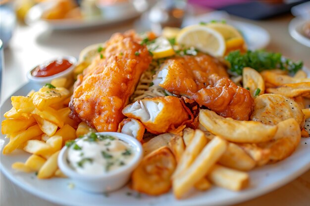 Foto una deliciosa variedad de pescado y patatas fritas