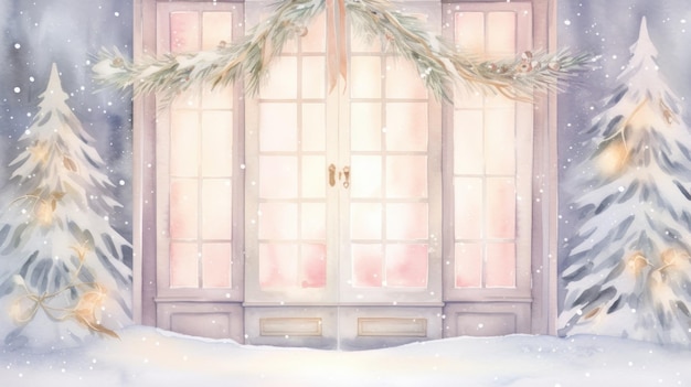 Deliciosa ventana navideña helada en acuarela con corona y luces parpadeantes generadas por IA