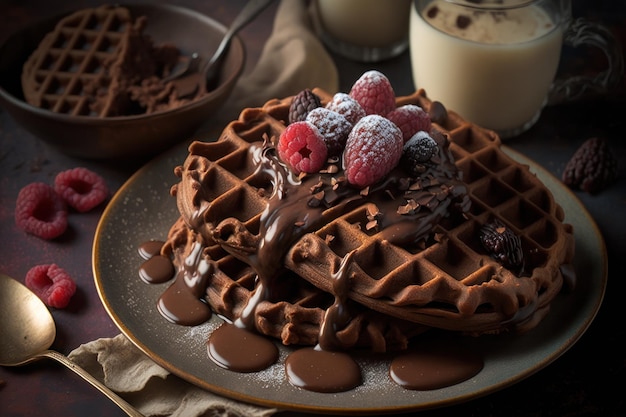 Foto deliciosamente doce e crocante de waffles caseiros de chocolate com framboesa