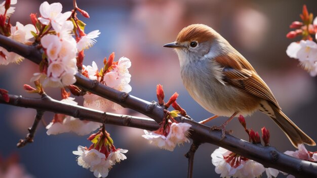 Deliciosamente hermoso pájaro ruiseñor en un árbol floreciente en primavera