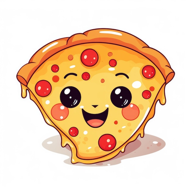 Deliciosamente lindo dibujos animados Feliz pizza en un plato Una ilustración vectorial en estilo Kawaii